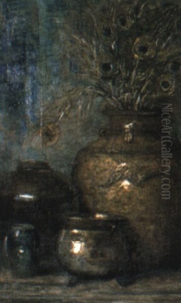 Peacock Feathers In A Ceramic Urn - view 1