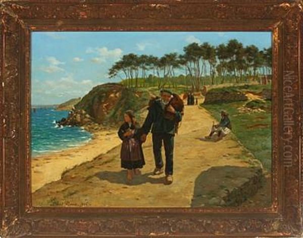 Coastal Scenery From Bretagne, With Fisherman And His Daughter - view 1