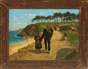 Coastal Scenery From Bretagne, With Fisherman And His Daughter