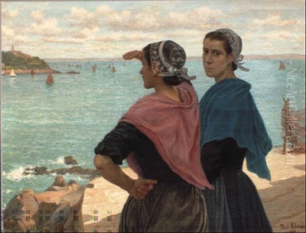 Deux Jeunes Femmes De Dournenez Devant L'ile Tristan - view 1