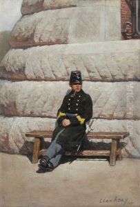 Soldat Se Reposant Sur Un Banc Devant La Caserne by Leon Eugene August Abry
