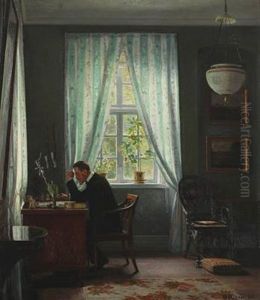 Interior With The Artist's Father, Pharmacist Eggert Christopher Achen Sitting By His Desk by Georg Nicolaj Achen