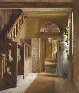 Interior. Interior Fra Buderupholm Med Ung Kvinde I En Hvid Kjole Ved Et Vindue by Georg Nicolaj Achen