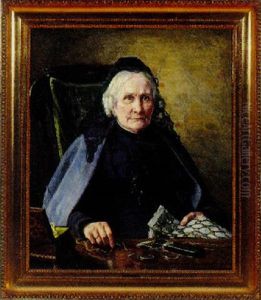 Interior Med Aeldre Kvinde Ved Sit Sytoj by Georg Nicolaj Achen