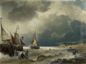 Beach Scene With Sailing Ships by Andreas Achenbach