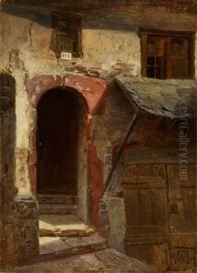 Architectural Study With A House Entrance And Cellar Entrance by Andreas Achenbach