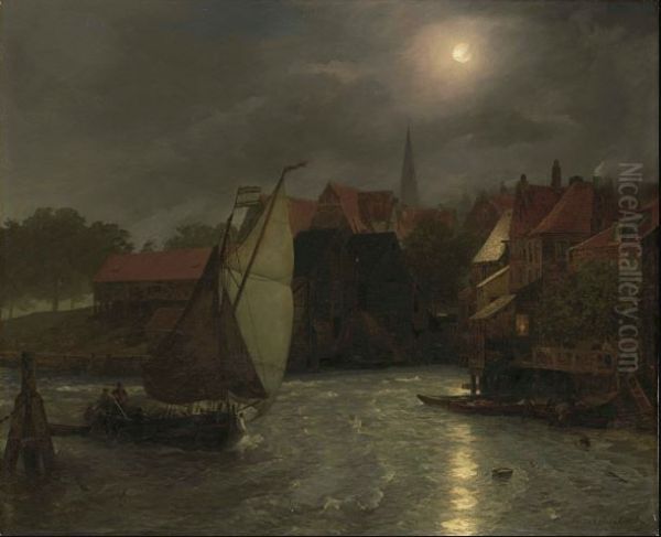 Boats On A Canal, Moonlight - view 1