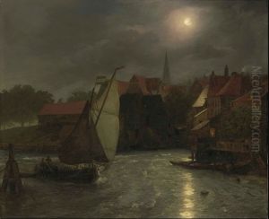 Boats On A Canal, Moonlight by Andreas Achenbach