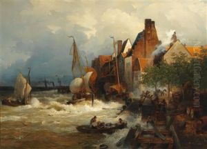 The Homecoming Of The Fishermen In Stormy Seas by Andreas Achenbach