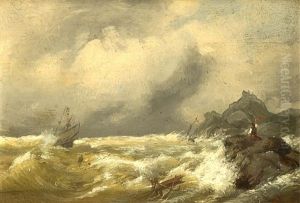 Darstellung Eines In Seenot Geratenen Schiffes Vor Felsiger Kuste by Andreas Achenbach
