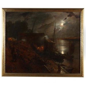 A Dutch Harbor By Moonlight by Andreas Achenbach