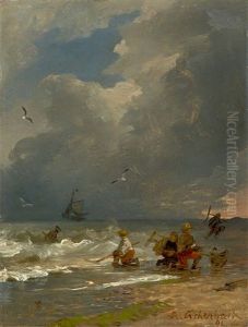 Crabbers On The Beach by Andreas Achenbach