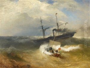 Steam Ship And Sailing Boat In Rough Seas by Andreas Achenbach