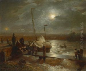 Fischerfrauen An Der Mole Bei Mondschein by Andreas Achenbach