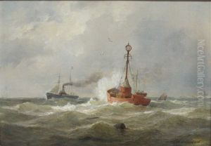 Rettungsschiff Und Dampfer Auf Der Nordsee Bei Sturm by Andreas Achenbach