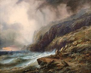Sturmische Kustenlandschaft Mit Segelbooten Im Hintergrund by Andreas Achenbach