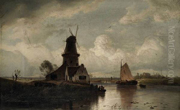 Flusslandschaft Mit Fischerboot Und Windmuhle - view 1