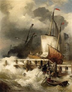 Arrival At The Pier In Stormy Sea by Andreas Achenbach