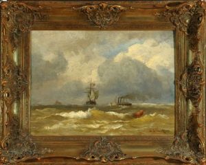 Segel- Und Dampfschiff Auf Sturmischer See by Andreas Achenbach