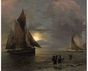A Coastal Landscape With Sailing Ships By Moonlight by Andreas Achenbach