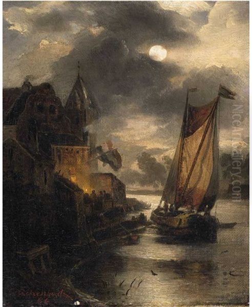 A View Of A Dutch Coastal Town And A Sailing Boat By Moonlight - view 1