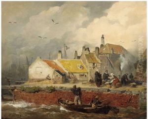 A Dutch Coastal Scene With Fisher's Cottages by Andreas Achenbach