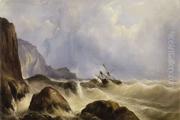 Sailing Ships In A Stormy Sea Near The Cliff Line - view 1