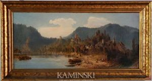 Village Along A River With People On A Road And Distant Mountains