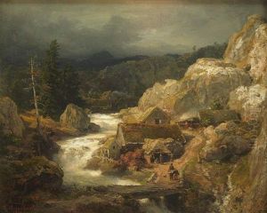 Gebirgslandschaft Mit Blick Auf Wildbach Und Wassermuhle. Im Vordergrund Personenstaffage In Ruckenansicht by Andreas Achenbach