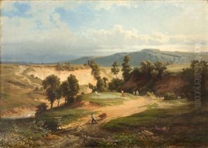 Sommerliche Landschaft Mit Spaziergangern Und Bauern Bei Der Feldarbeit thumbnail
