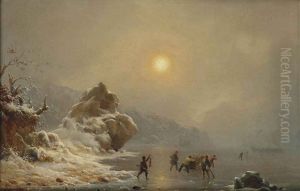 A Winter Landscape With Hunters On The Ice by Andreas Achenbach