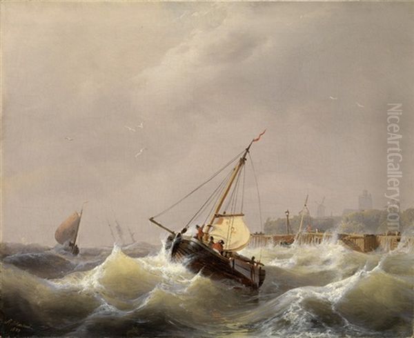 Fischerboote In Bewegter See Mit Ausblick Auf Eine Stadt Und Windmuhle - view 1