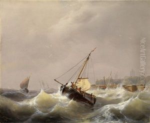 Fischerboote In Bewegter See Mit Ausblick Auf Eine Stadt Und Windmuhle Fischerboote In Bewegter See Mit Ausblick Auf Eine Stadt Und Windmuhle