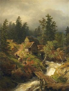 Bergige Landschaft Mit Bach Und Wassermuhle by Andreas Achenbach