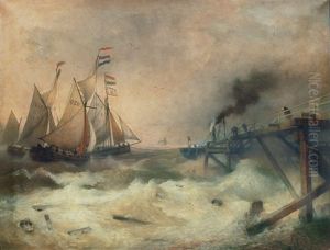 Fishing Boats And Tugboat At The Mole Of Ostende by Andreas Achenbach