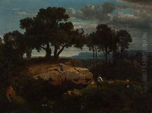 Schafer In Romantischer Landschaft by Andreas Achenbach