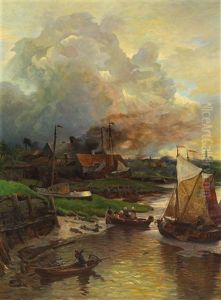 Fischerboote Am Ufer Mit Der Stadtsilhouette Von Antwerpen Im Hintergrund