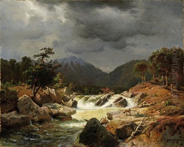 Norwegische Landschaft Mit Fuchs An Einem Wildbach - view 1