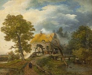 Alte Wassermuhle Mit Bauerin Auf Einem Feldweg by Andreas Achenbach