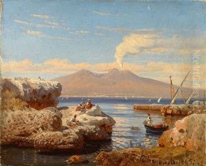 Blick Uber Die Bucht Von Neapel Auf Den Rauchenden Vesuv by Andreas Achenbach