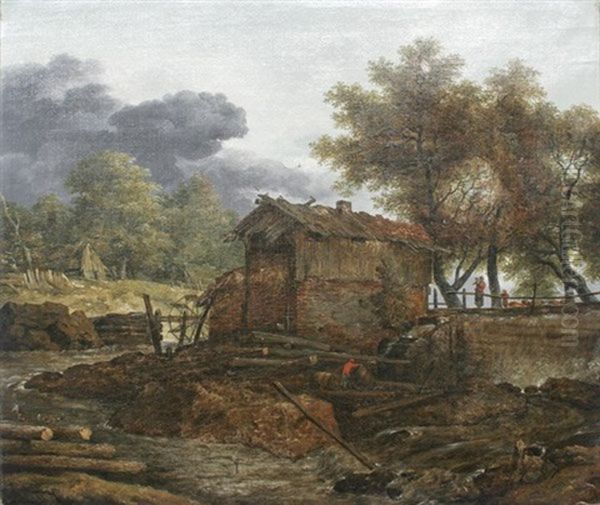 Muhle An Einem Bach In Wolkenverhangener Landschaft - view 1