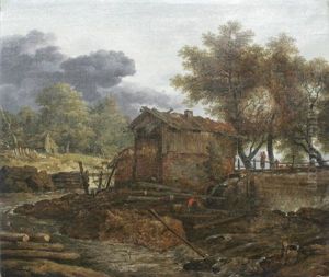 Muhle An Einem Bach In Wolkenverhangener Landschaft by Andreas Achenbach
