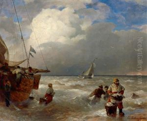 Beim Entladen Des Fischfangs by Andreas Achenbach