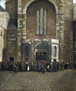 Vor Dem Aachener Dom. Blick Auf Eine Feierlich Gekleidete Menschenmenge Vor Dem Geoffneten Hauptportal. Monogrammiert Unten Rechts: O.a Vor Dem Aachener Dom. Blick Auf Eine Feierlich Gekleidete Menschenmenge Vor Dem Geoffneten Hauptportal. Monogrammiert Unten Rechts: O.a