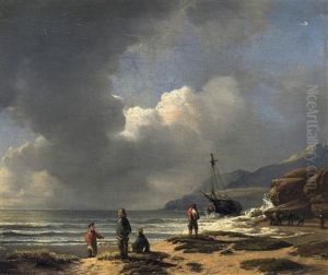 Schiff In Der Brandung Vor Einer Felsigen Kuste by Andreas Achenbach