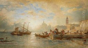 Fischer Vor Venedig - Blick Auf Santa Maria Della Salute Und Den Campanile by Andreas Achenbach