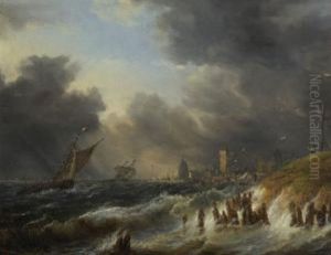 Schiffe An Sturmischer Meereskuste by Andreas Achenbach