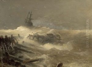 Seeleute Bei Anlegestelle Und Zweimaster In Sturmischer See Seeleute Bei Anlegestelle Und Zweimaster In Sturmischer See