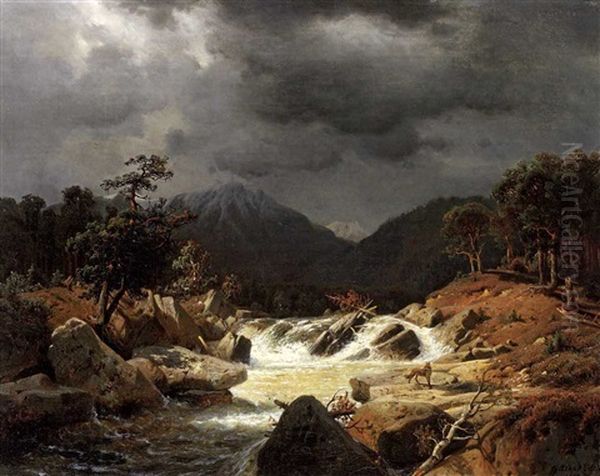Norwegischer Bach Mit Kleinem Wasserfall Und Fuchs - view 1