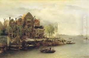 A Capriccio View Of A Dutch Riverside Town by Andreas Achenbach